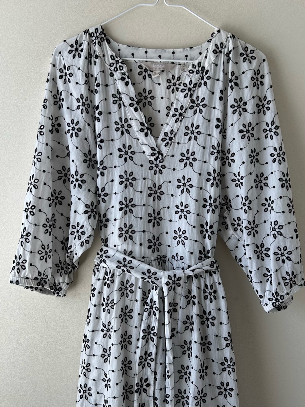 Barbour Erin Embroidered Eyelet Floral Cotton Midi Dress White Black US 14